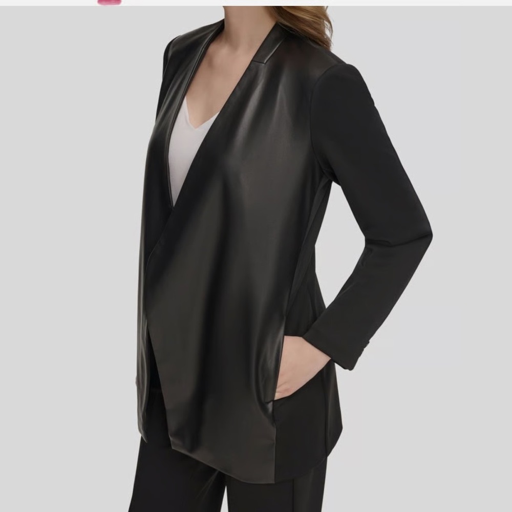 Calvin Klein Women's Black Faux-Leather Mixed-Media Coat Jacket